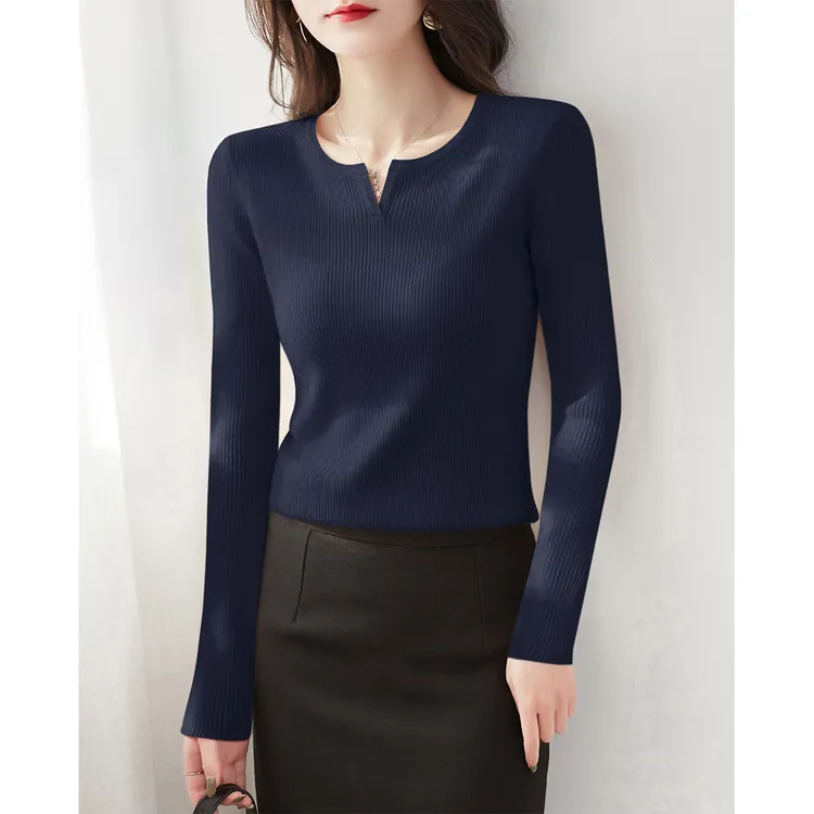 2025秋季新款藏青色修身显瘦长袖针织衫气质V领内搭毛衣打底上衣