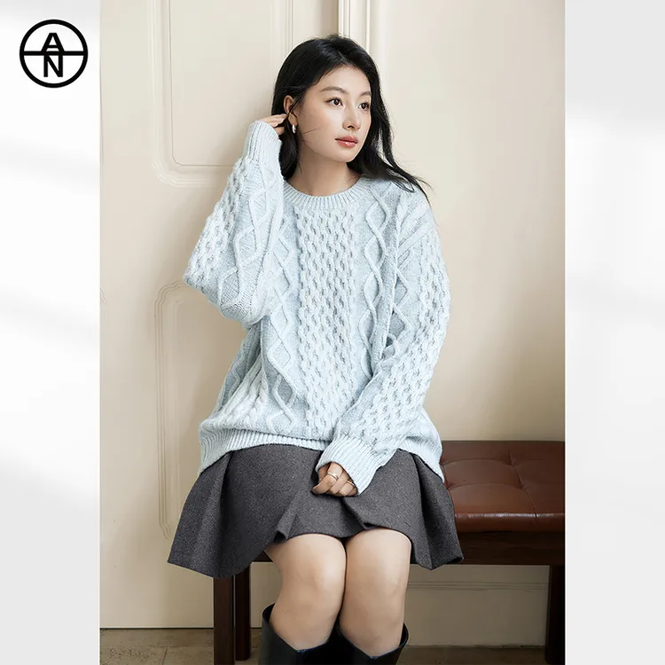 AN大码女装奶fufu氛围感绞花毛衣冬季新款微胖mm慵懒风套头针织衫