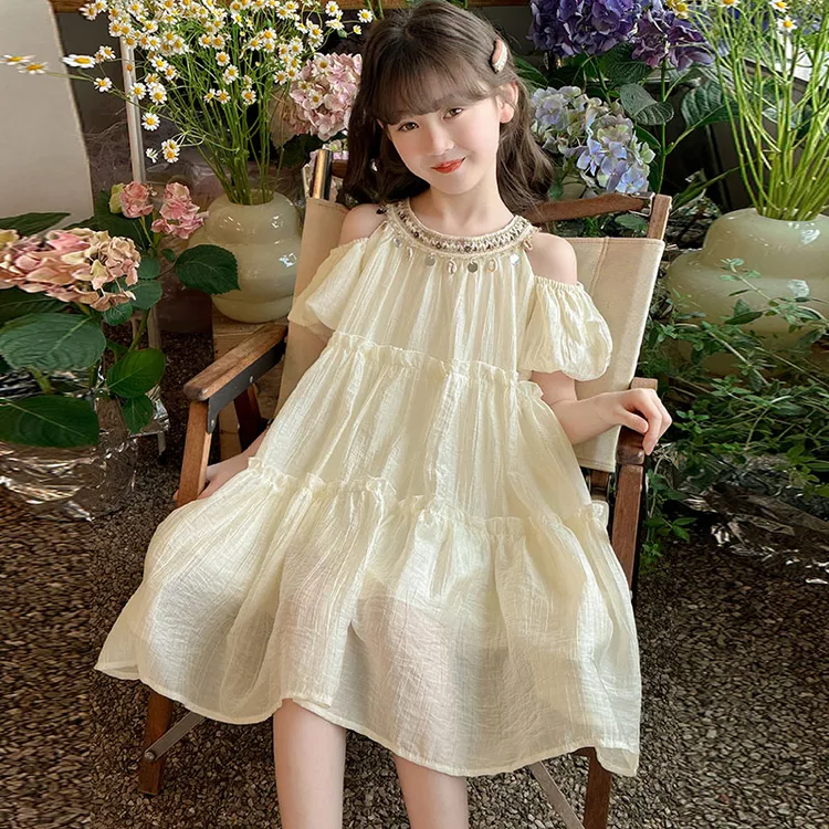 女童波西米亚连衣裙夏季2025新款女孩亮片露肩公主裙度假风亲子裙