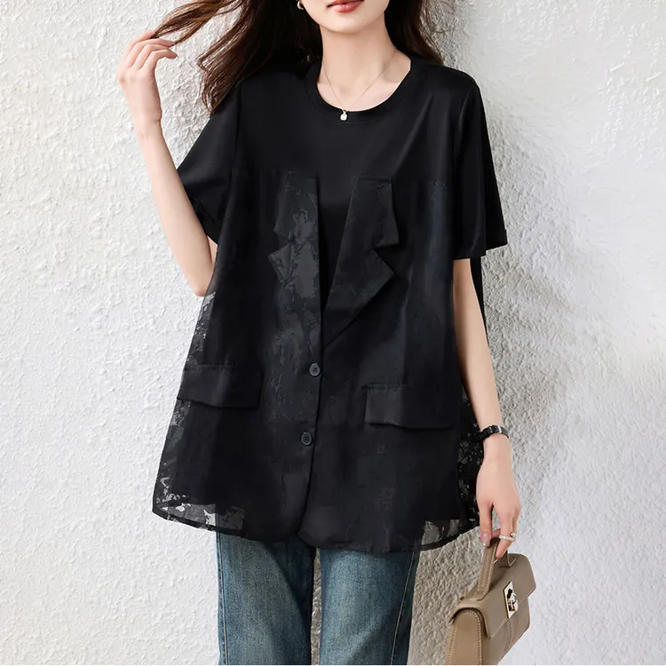 2025夏季设计感洋气黑色休闲上衣假两件镂空拼接短袖衬衫大码女装