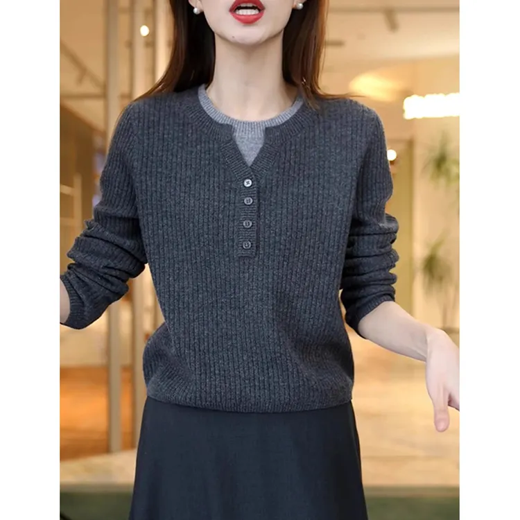 鄂尔多斯市纯100羊毛衫秋冬新款圆领假两件针织衫女修身打底毛衣