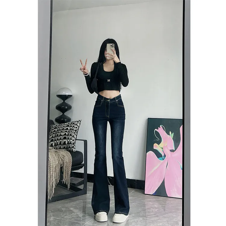 2025年春季深蓝色高腰弹力修身微喇叭牛仔裤女175高个子显瘦拖地