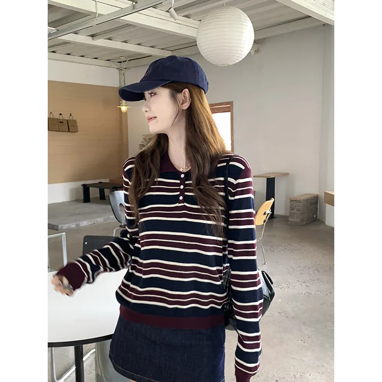 法式复古翻领长袖针织衫女早秋时尚气质撞色条纹显瘦纽扣打底上衣