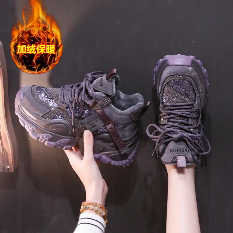 T 网红爆款时尚亮片老爹鞋冬款加绒2025新款高帮鞋百搭休闲运动鞋