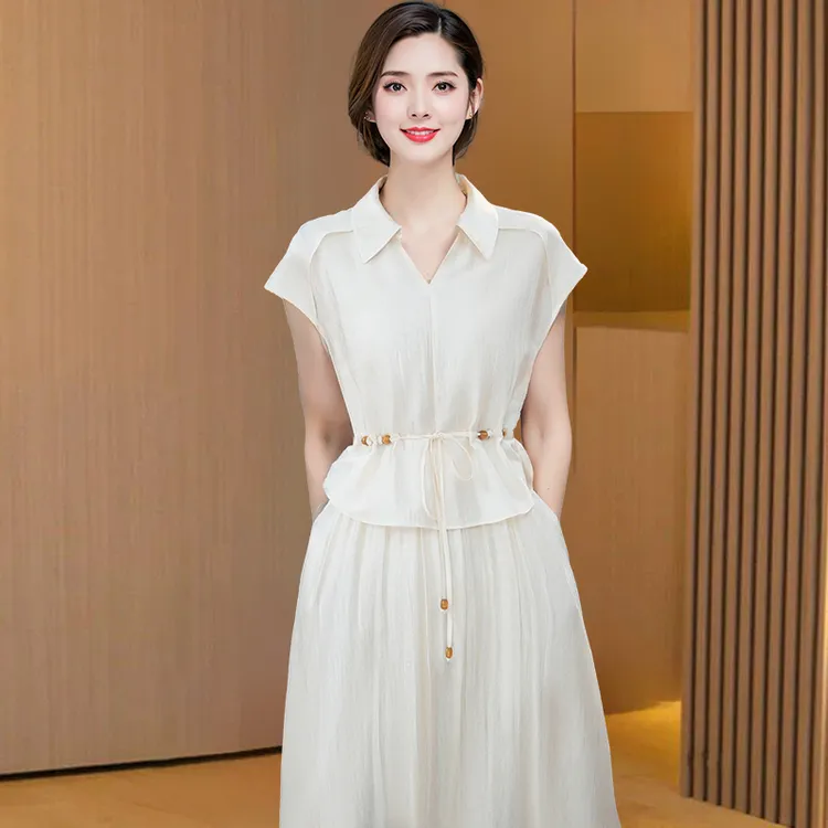 时尚气质淡雅翻领高腰假两件连衣裙2025夏季修身纯色中长显瘦轻熟