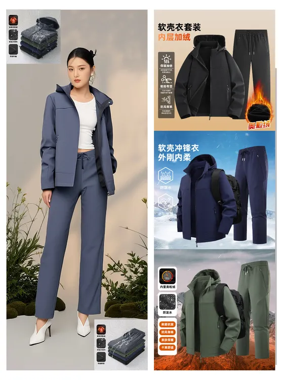 新款软壳运动套装秋冬季加绒御寒连帽卫衣休闲时尚大码运动服套装