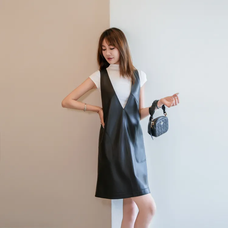 【PIKALUO】进口全植鞣纯皮v领马甲连衣裙女 休闲宽松中长款背心裙