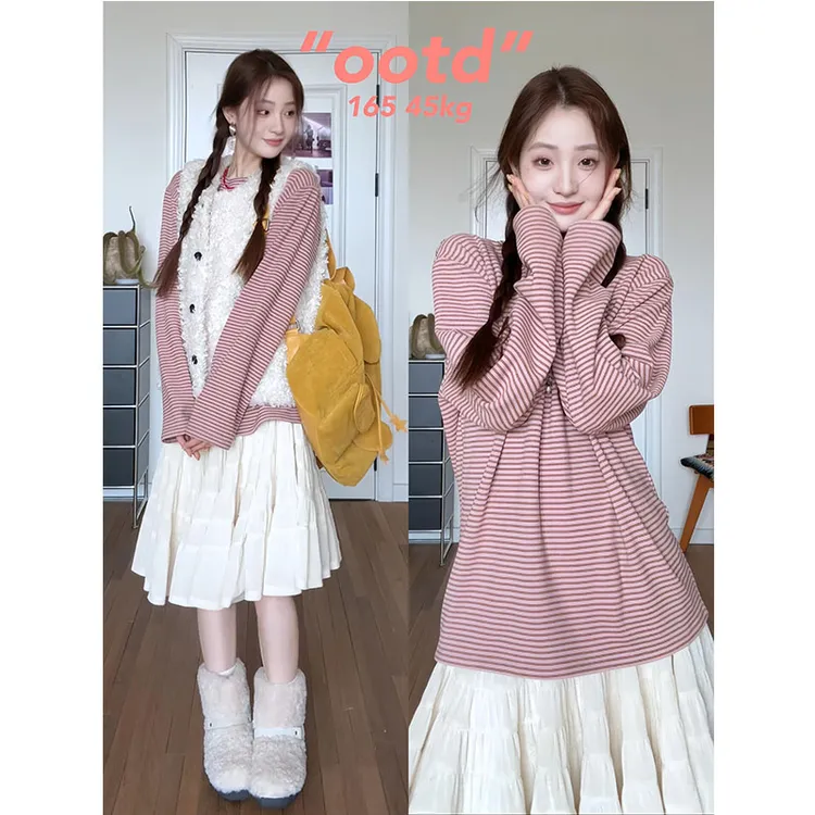 韩系穿搭女2026新款韩系百搭条纹宽松长袖洋气马甲半身裙三件套装