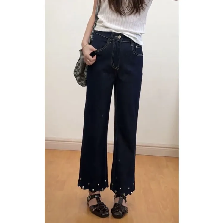 艾塔莉设计感时尚牛仔裤女夏季新款显瘦美式微喇裤大码小众直筒裤