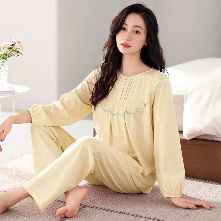 睡衣女纯棉长袖长裤圆领套头春秋家居服可外穿亲肤透气莱卡棉套装