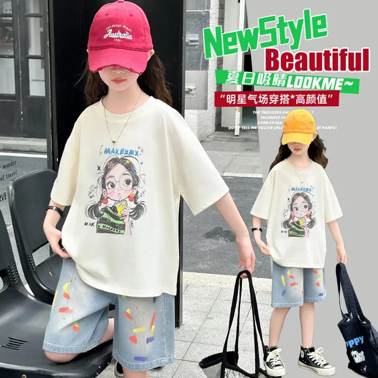 女童夏季短袖套装韩系中大童装夏装洋气T恤儿童薄款牛仔裤6-12岁T