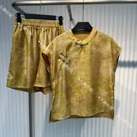 【青青】A新中式真丝花萝琵琶扣两件套坎肩上衣短裤套装W919