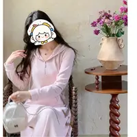 粉色连帽长袖连衣裙子女装早秋季2025新款韩系内搭针织卫衣中长裙