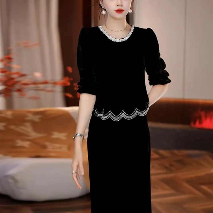 黑色假两件气质连衣裙女2025年秋季新款妈妈装时尚百搭中长款裙子