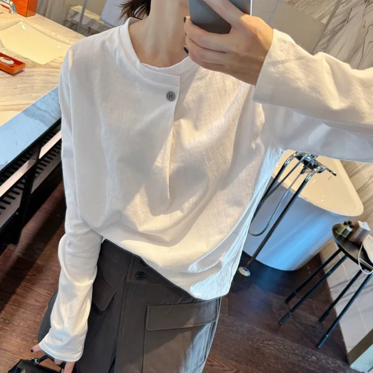 欧货白色设计感别致长袖T恤女2025春秋正肩宽松打底衫极简风上衣