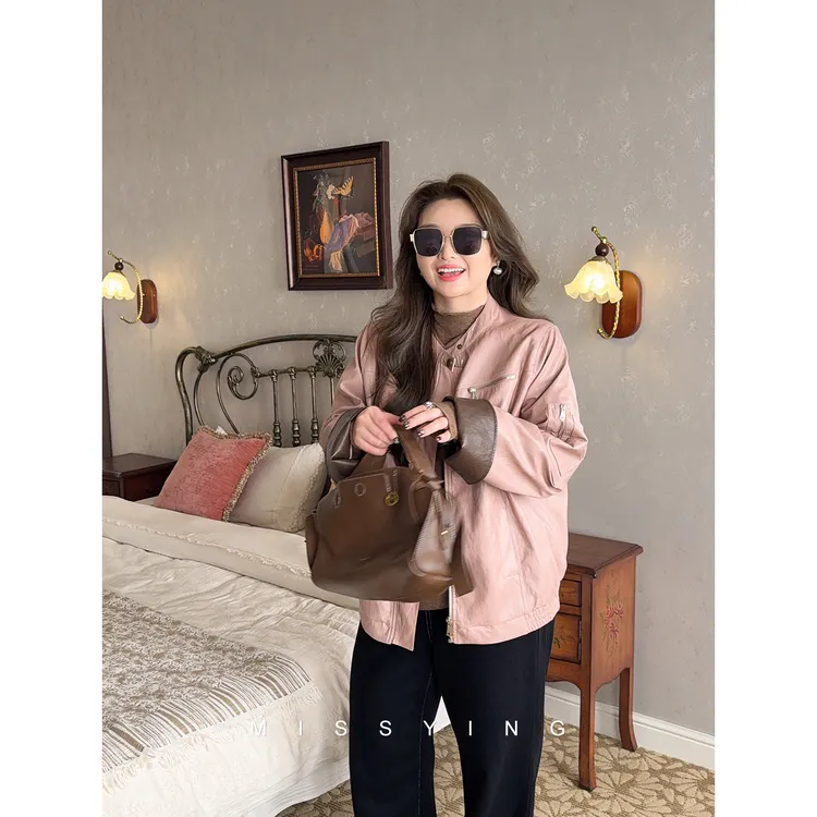 应小姐【玫瑰骑士】微胖大码秋季女装显瘦宽松气质休闲百搭夹棉皮衣