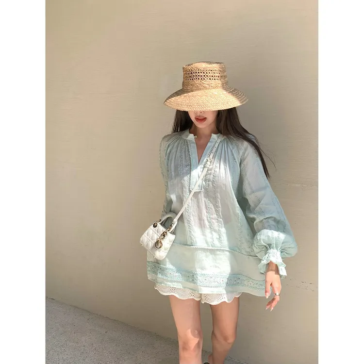 施薇靓 重磅定位绣 小众轻奢高级感苎麻刺绣微透上衣女气质小衫