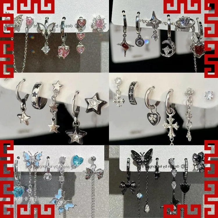 铜合金锆石耳饰 酷grl ! 爱心锆石六件套耳钉甜酷耳圈小众设计件