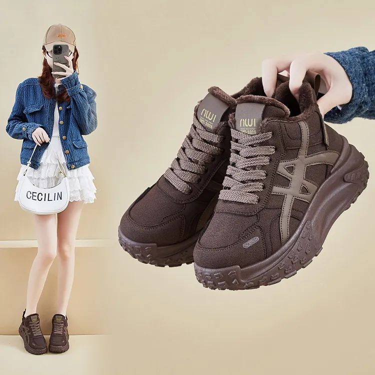 跃步ins韩版新款加绒高帮老爹鞋女2025冬季学生休闲鞋厚底增高