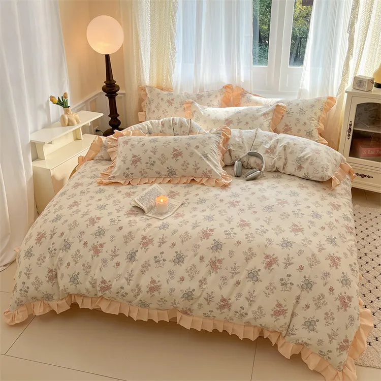 2025新款春夏ins40支全棉韩式花边款法式小清新印花纯棉四件套