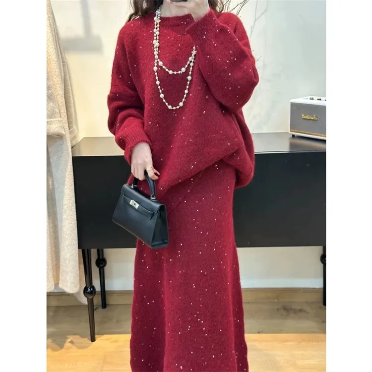 日系慵懒风软糯闪闪毛衣松紧腰鱼尾长裙两件套简约松弛针织套装女