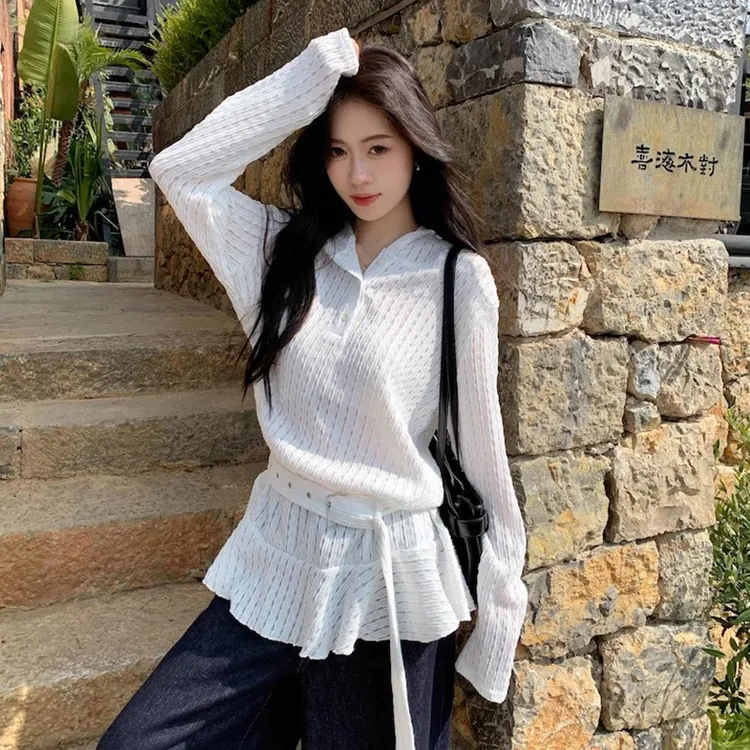 甜酷辣妹长袖连帽白色T恤女秋季别致小众宽松镂空显瘦中长款上衣