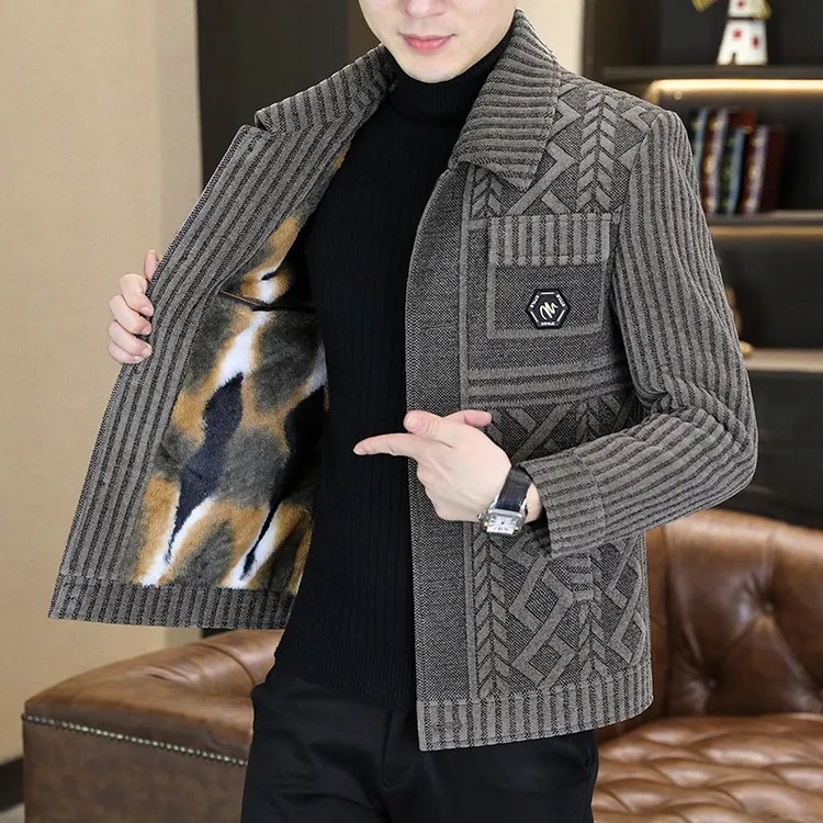 男士毛呢大衣秋冬新款翻领外套高档仿貂绒夹克男中年休闲加厚呢子