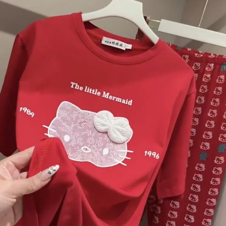 新款新年半袖韩版卡通猫咪短袖长裤宽松大码女士睡衣家居服