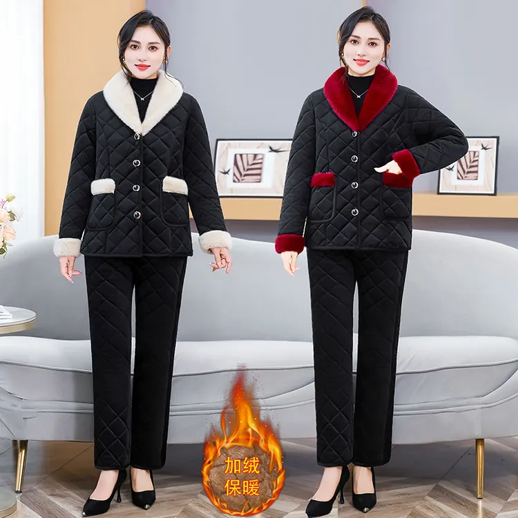 妈妈装冬季加绒加厚棉衣棉裤两件套中老年女秋冬新款棉袄洋气套装
