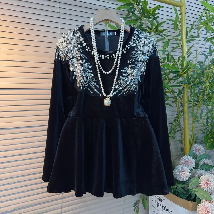 8145胖mm欧货时尚名媛风洋气V领重工订钻订钻设计感显瘦丝绒衫