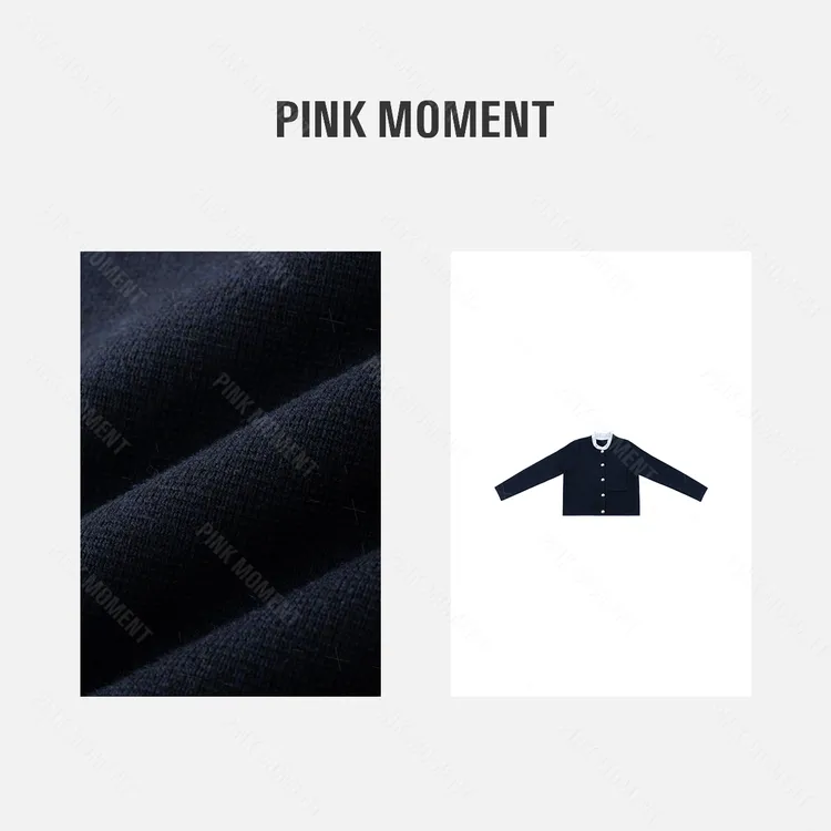 PM王囡囡 藏蓝色拼可拆卸木耳边领排扣针织开衫 ND1C1338