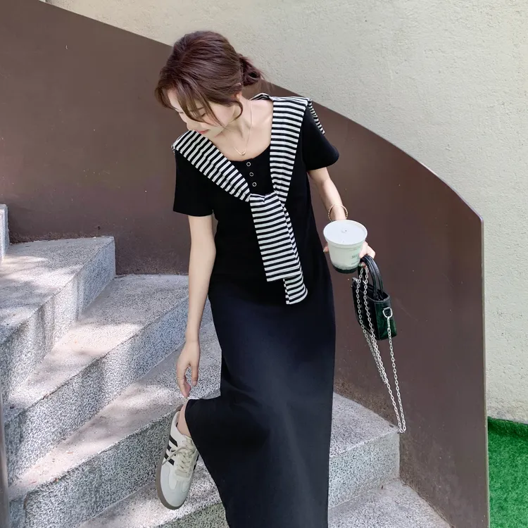 短袖通勤拼接高腰吸汗夏季连衣裙小香风针织新复古风收腰裙子显瘦