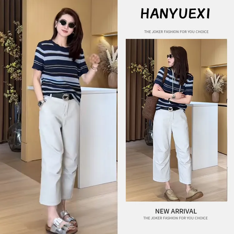 夏季洋气一整套女装2025新款时尚条纹针织短袖上衣牛仔裤两件套潮