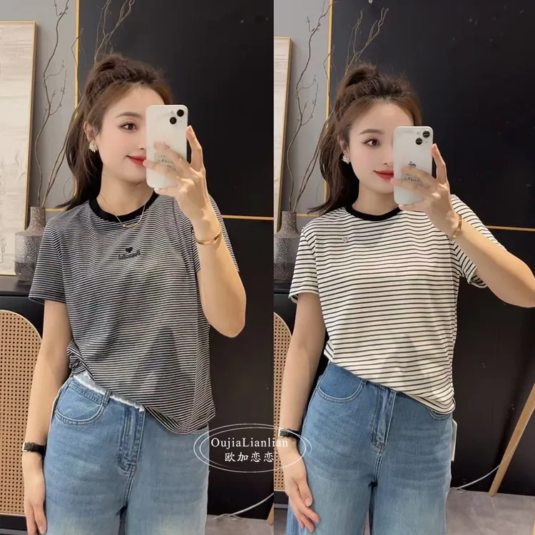【欧加恋恋】早春穿搭新款百搭韩版显瘦圆领条纹短袖 CJ25031211