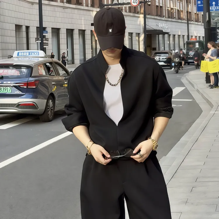 瞎穿的包 秋季新品假两件立领卫衣套装 假两件小众设计款 宽松