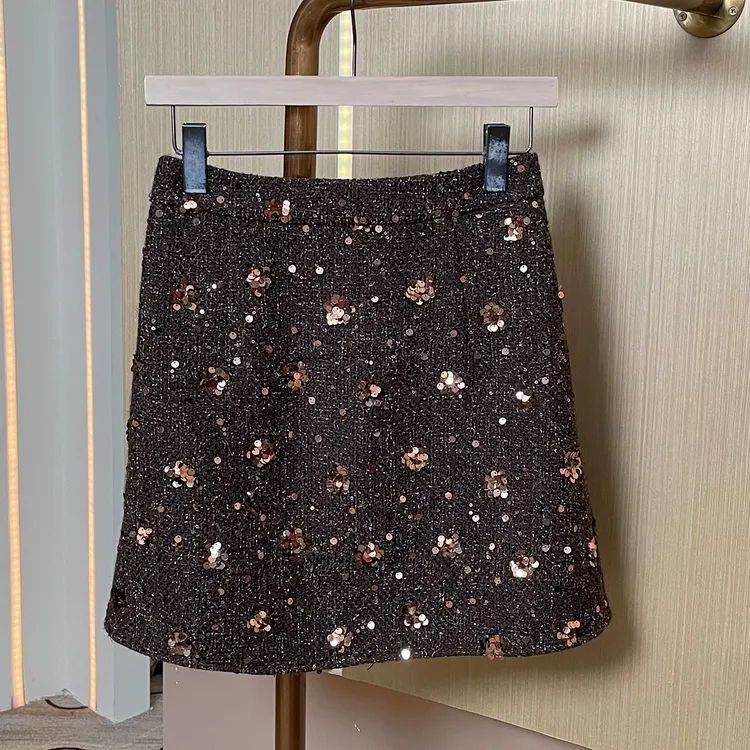 奢姿大码女装小香风亮片半身裙秋冬遮胯A字裙名媛风粗花呢短款裙