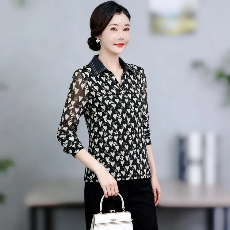 锦依罗春秋季台湾网纱长袖中老年女装修身时尚上衣小衫