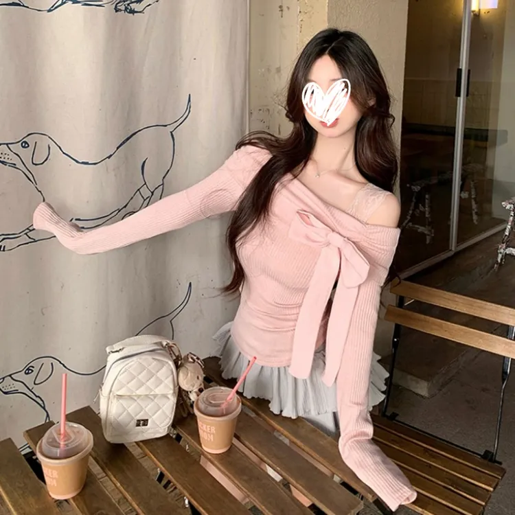 YIDENG一字肩纯欲粉色针织打底衫女春季绝美蝴蝶结露肩内搭短款甜