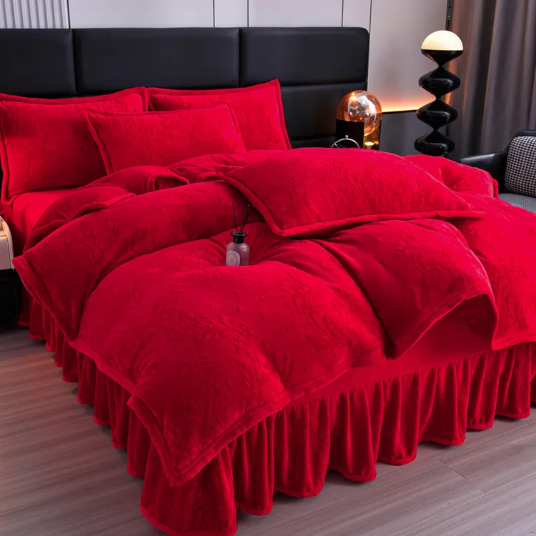 法式雕花牛奶绒床盖四件套冬季加厚双面绒被套纯色婚庆床上用品