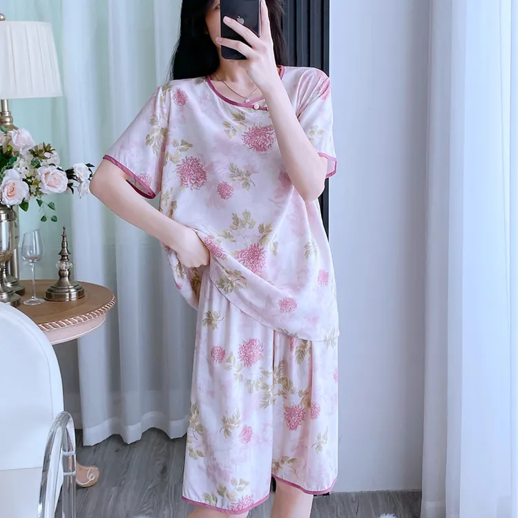 棉绸睡衣女夏季短袖短裤人造棉绵绸薄款宽松家居服中式凉感可外穿