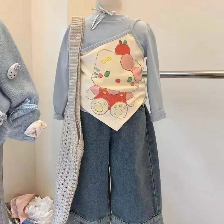 女童新款长袖t恤秋装2025韩女孩斜肩吊带女童套装秋款2025新款