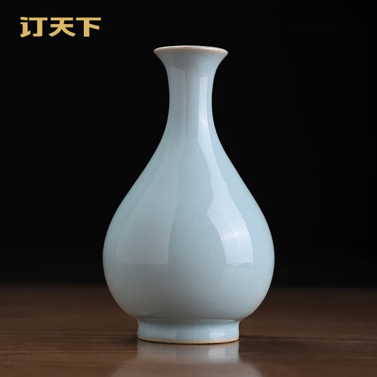 天青釉汝瓷玉壶春瓶中式客厅博古架花瓶摆件高级感茶室插花装饰品