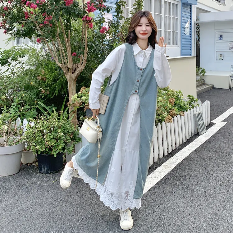 学院风休闲衬衫连衣裙套装女2025秋季新款开衩牛仔罩衫叠穿两件套
