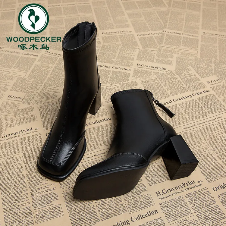 啄木鸟炸街小短靴女2025新款春秋单靴高跟韩系小裸靴瘦瘦马丁靴