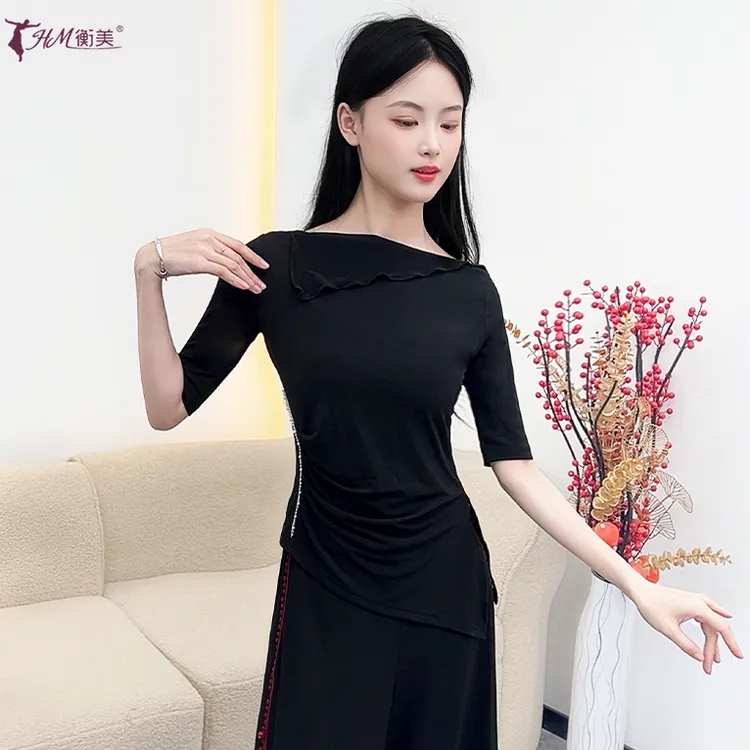 现代舞形体服成人女一字领时尚收腰捏褶加珍珠链点缀古典舞服上新