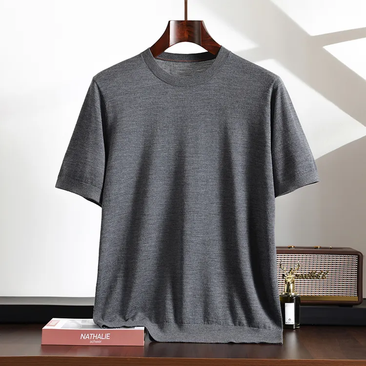 精仿羊毛修身休闲短袖男士圆领18针细针织可打底纯色t恤夏季上衣