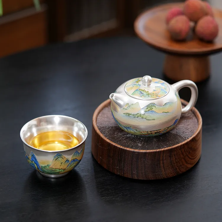 千里江山鎏银西施壶家用泡茶器主人杯功夫茶具一壶一杯个人茶杯