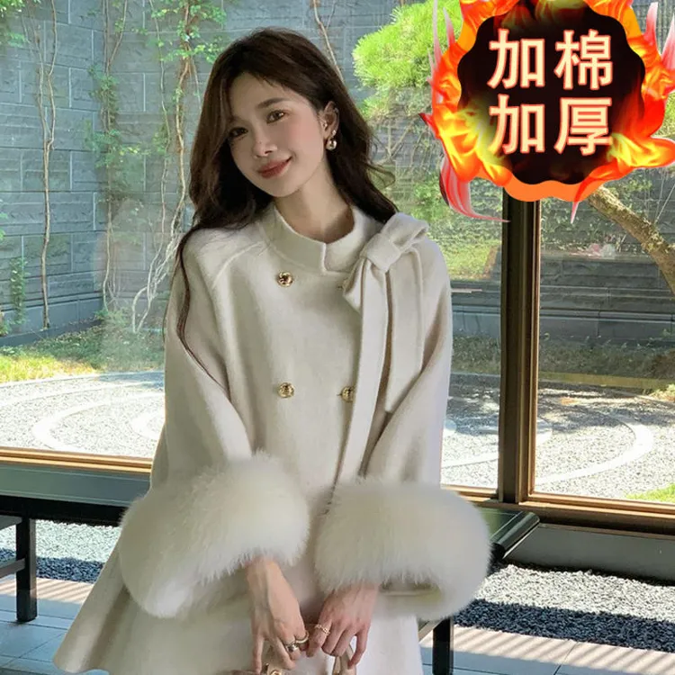 毛呢外套女冬季加绒加厚呢子斗篷外套小个子蝴蝶结千金大衣
