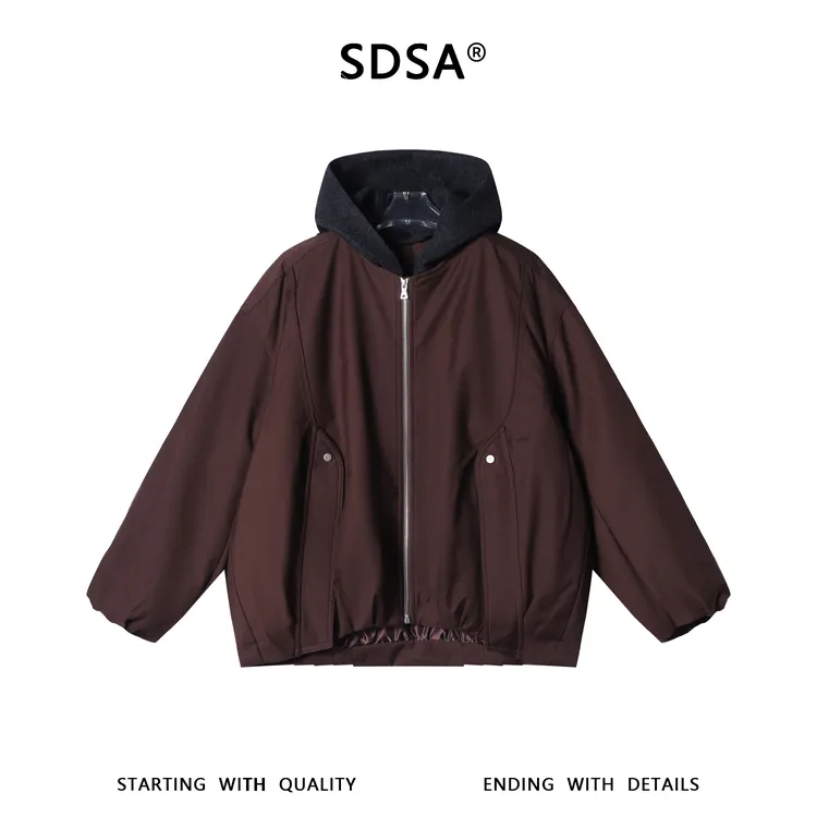 SDSA男士秋冬新款痞帅男装美式复古撞色假两件连帽棉服外套百搭
