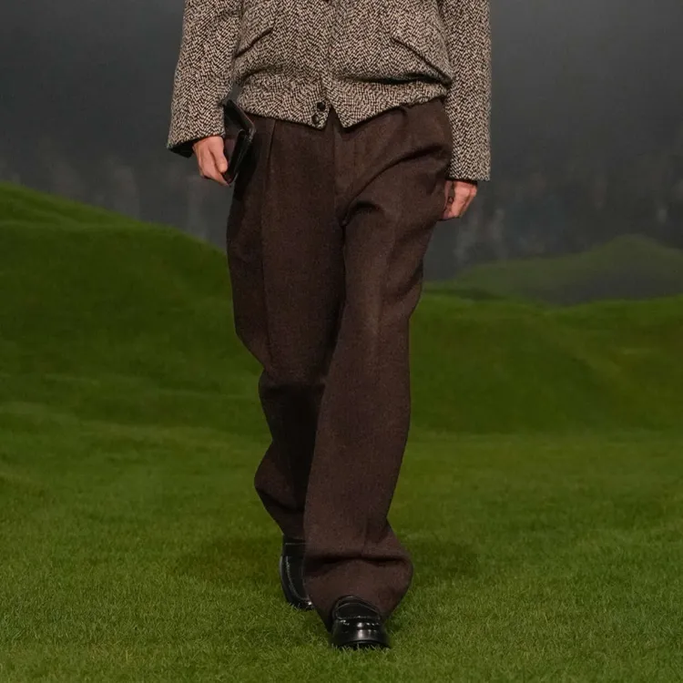 巴黎风美拉德咖色开松直筒羊毛呢西裤男士轻商务宽松直筒长裤厚款